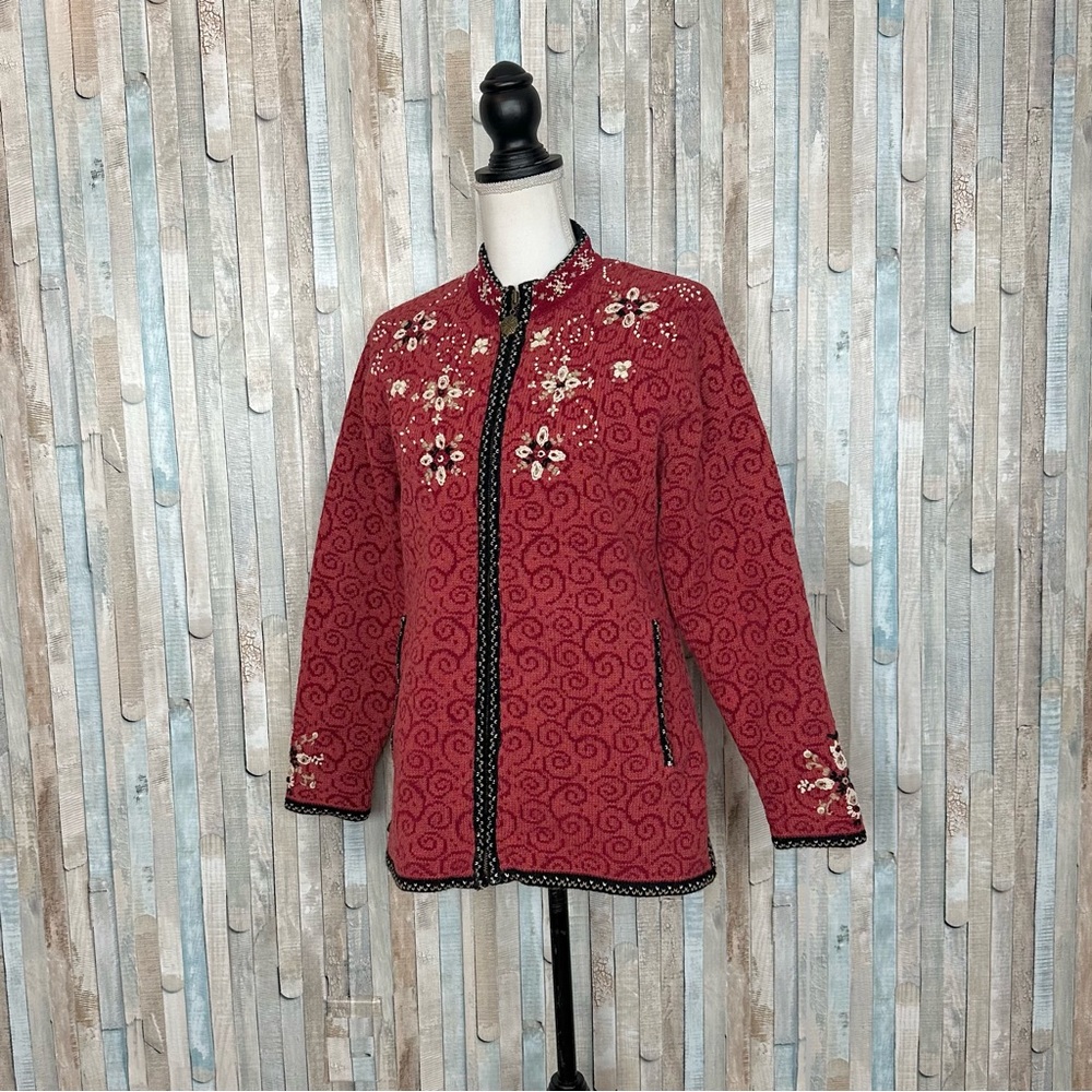 Icelandic‎ Design S Wool Knit Zip Up Front Cardigan Sweater Jacket Embroidered